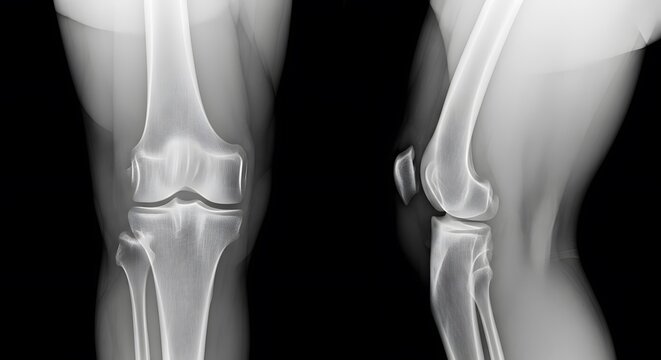 Clinical x-ray scan of human knee joint. Orthopedic diagnostics and bone radiology. Front and side view of skeletal leg structure for medical examination and surgery