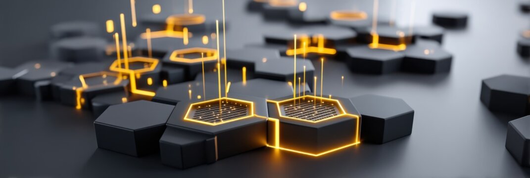 Dark hexagonal tiles with glowing orange circuitry and vertical light beams, evoking a futuristic digital network, blockchain nodes and high-tech data visualization.