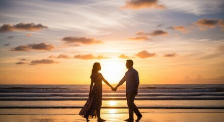 Fototapeta premium Silhouette couple holding hands at beach sunset with orange sky reflection and calm ocean horizon