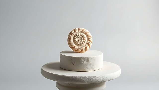 calcified. A small spiral seashell placed at the center of a round stone pedestal, clean background. wildlife magazines, conservation campaigns, designed for wildlife conservation campaigns.