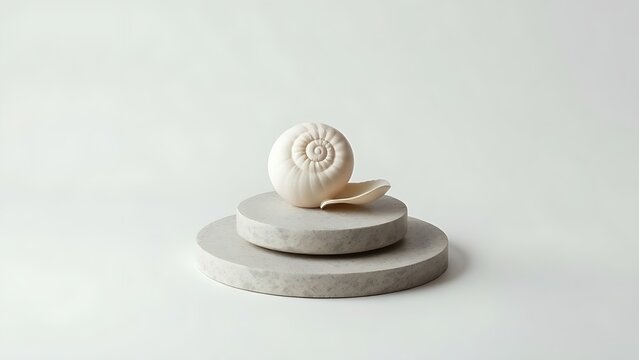 calcified. A small spiral seashell placed at the center of a round stone pedestal, clean background. wildlife magazines, conservation campaigns, designed for wildlife conservation campaigns.