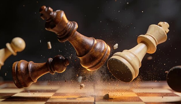 Chess king queen pawn board impact motion strategy competition battle captures motivation as wooden pieces collide above checkered surface, dust and fragments flying during intense match play rivalry