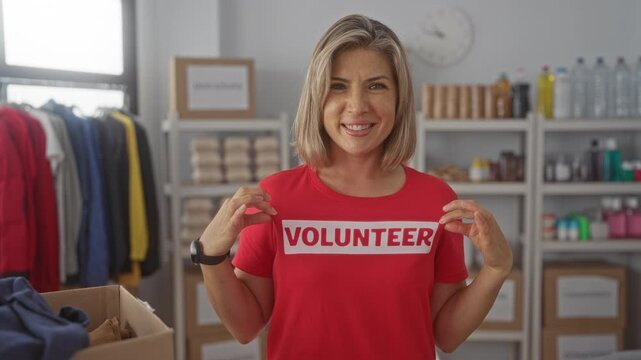 Woman holds volunteer shirt label with bare hands in building donation room filled with boxes and shelves; charity support.