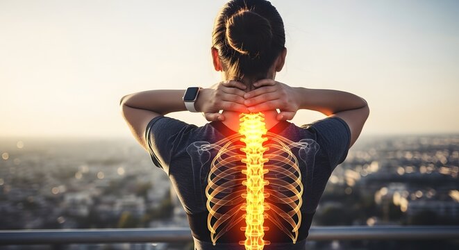Cervical spine tension and shoulder pain. Orthopedic therapy and wellness needs. Woman wearing smartwatch holding neck with glowing skeletal visualization