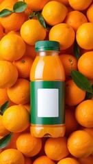 Fresh Orange Juice Bottle Among Whole Oranges With Leaves In Natural Setting