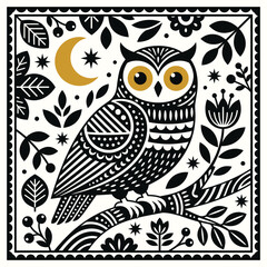 Folk Art Owl Illustration with Golden Eyes and Crescent Moon
