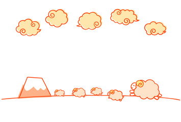 ほのぼのした未年年賀状用の文字なし素材デザイン　富士山と雲の背景に笑顔でジャンプする羊の群れ