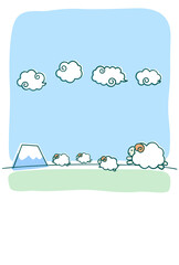 ほのぼのした未年年賀状用の文字なし素材　富士山と雲の背景に笑顔でジャンプする羊の親子