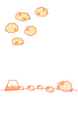 ほのぼのした未年年賀状用の文字なし素材　富士山と雲の背景に笑顔でジャンプする羊の家族のイラスト