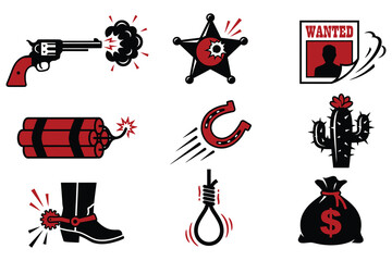 Wild West Icon Set Cowboy Symbols, Outlaws, and Frontier Elements Vector