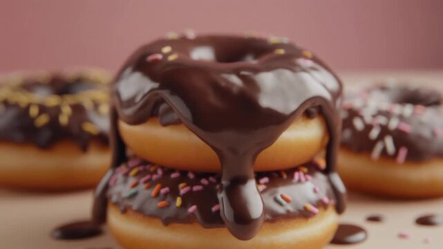 Thick, glossy liquid chocolate is poured over a pile of soft, chocolate-covered donuts.&nbsp;Each donut is decorated with colorful sprinkles, creating a dessert lookm