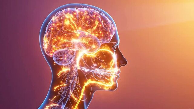 A video showcasing a human brain with glowing neural connections in profile