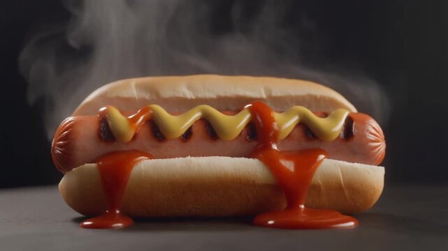 appetizing featuring a steaming hot hot dog in a fluffy bun, smothered in ketchup and yellow mustarde
