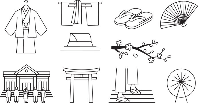 Traditional japanese culture and tourism line icons depicting clothing landmarks architecture and iconic symbols