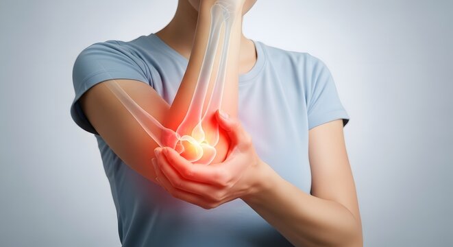 Human elbow joint injury and orthopedic pain. Medical diagnostics and bone health concepts. Close up of a person holding an aching arm with a glowing anatomical bone structure overlay