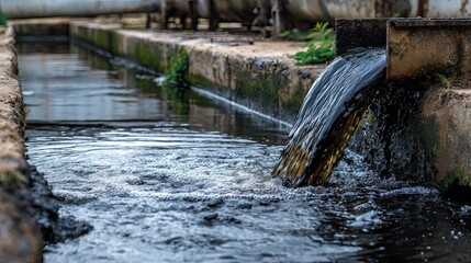 A stream of water flows from a pipe into a shallow basin, surrounded by concrete and greenery, reflecting a serene yet industrial ambiance.