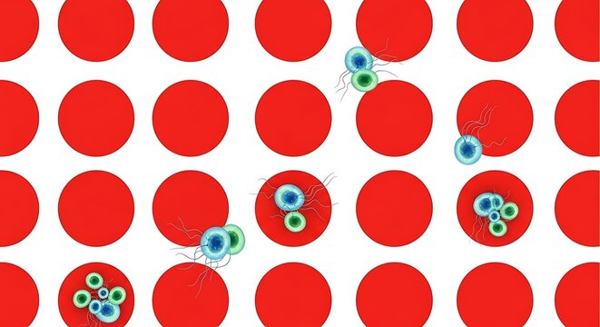 Illustration of red blood cells being infected by malaria parasites.