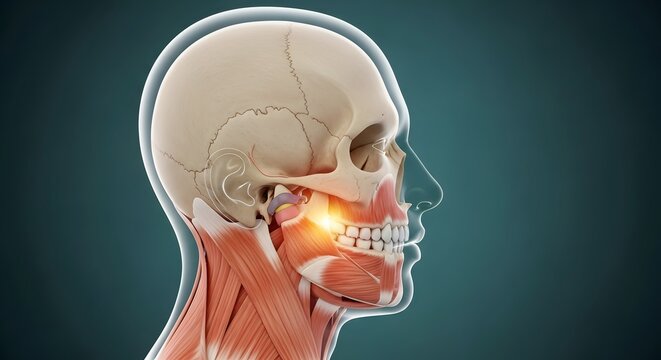 Anatomical skull and facial muscle structure with jaw pain. TMJ disorder and dental health education. Side view of a human head skeleton with muscles and glowing red jaw joint injury