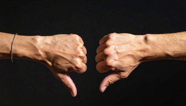 Two hands showing thumbs down gesture against a dark background from a straight-on viewpoint