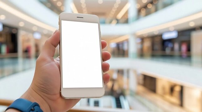 Hand holding a smartphone with a blank white screen in a shopping mall, offering a digital experience and convenience for shoppers