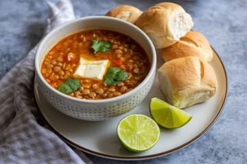 Bowl of spicy lentil soup with butter and cilantro served with dinner rolls and lime