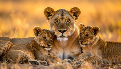 Fototapeta premium Lioness and cubs resting together in the savannah during golden hour, viewed from the front.