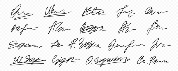 Doodle Fake Signature Autograph Kit in Transparent Png. Doodle Random Handwritten Sample Name Sign Signature Collection. Vector Handwriting Line Isolated Graphic Clipart