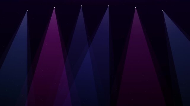 Purple stage lights animation. Concert spotlight beams on dark theater background. Cinematic abstract light effect loop.