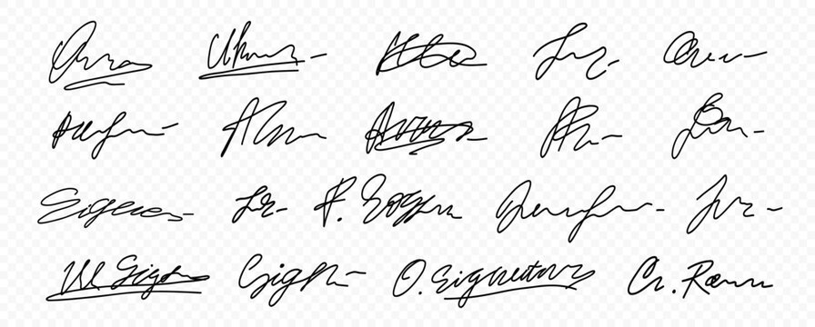 Doodle Fake Signature Autograph Kit in Transparent Png. Doodle Random Handwritten Sample Name Sign Signature Collection. Vector Handwriting Line Isolated Graphic Clipart