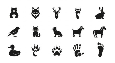 Collection of Animal Icons and Footprints Vector Set.