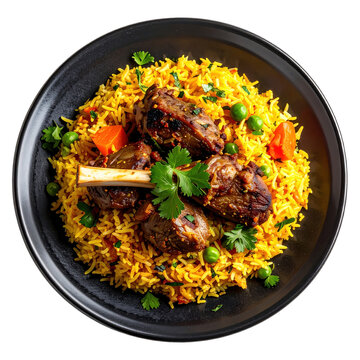 A flavorful plate of baghali polo, featuring tender lamb and dill rice with fava beans, dramatically isolated on a white background