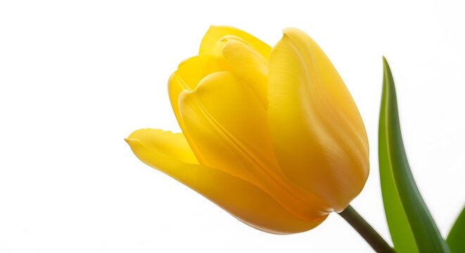 A close up of a bright yellow tulip flower with green leaves against a white background studio shot ai generated