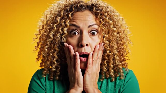 Woman with curly hair gasps in surprise, hands to face, against yellow backdrop