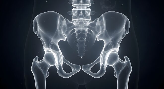Human pelvis anatomy and hip skeletal structure. Orthopedic healthcare and medical research. Detailed 3D pelvic bone model shown against a dark professional background