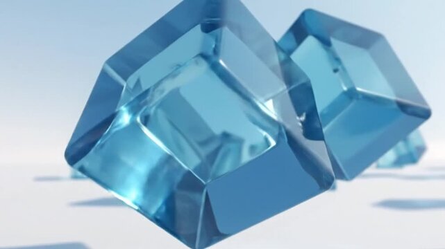 Abstract 3D rendering of transparent blue cubes floating on a white surface.