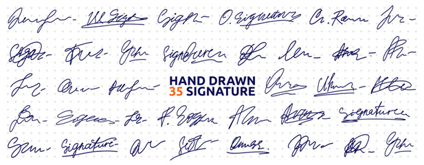 Blue Scribble Pen Marker Fake Signature Set. Fake Signature Autograph Sign Sample Kit. Random Hand Name Handwritten Autograph Collection. Vector Line Illustration Clipart in Scrapbook Dotted Paper Bac