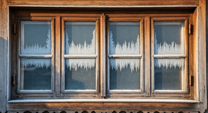 A wooden window with four panes, heavily frosted, showing an icy winter scene
