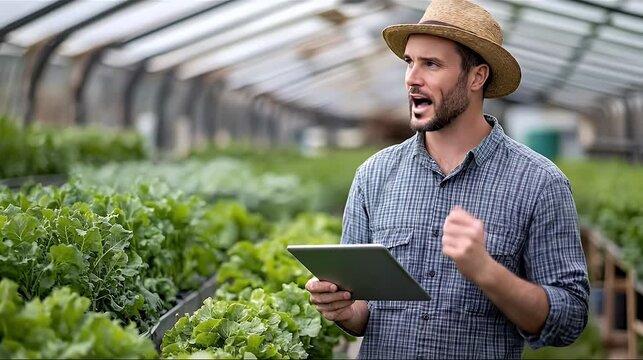 A farmer using a tablet to inspect crops in a greenhouse setting featuring rows of lush green plants with a straw hat