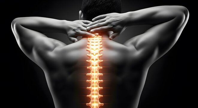 Chronic neck pain and spinal disc herniation. Osteopathy and wellness treatment. Man gripping the base of his head and upper spine to relieve pressure and stiffness.