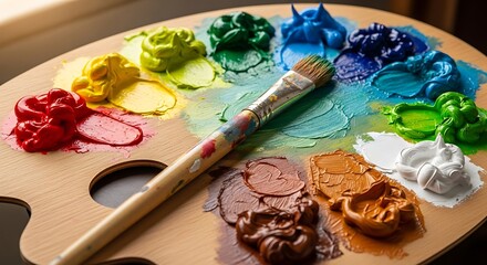 Palette of vibrant oil paints with a paintbrush resting on top.