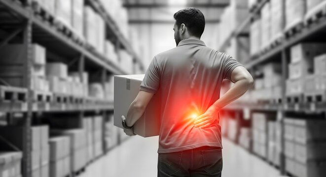 Workplace ergonomics and lumbar muscle strain. Occupational health and safety. Man in a warehouse holding a box and touching his lower back due to a sudden painful lifting injury