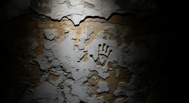Ancient cave painting of a handprint on a rocky surface