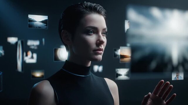 Woman touching virtual reality screens.