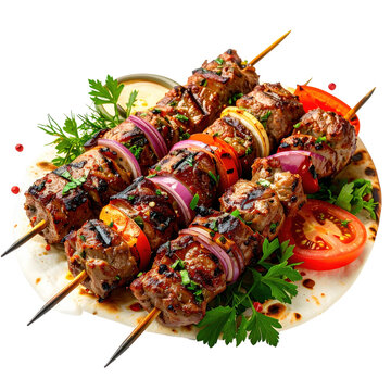 Authentic persian chelo kebab barg, a skewer of marinated beef fillet with buttery rice, isolated on white background, showcasing a classic iranian gourmet dish