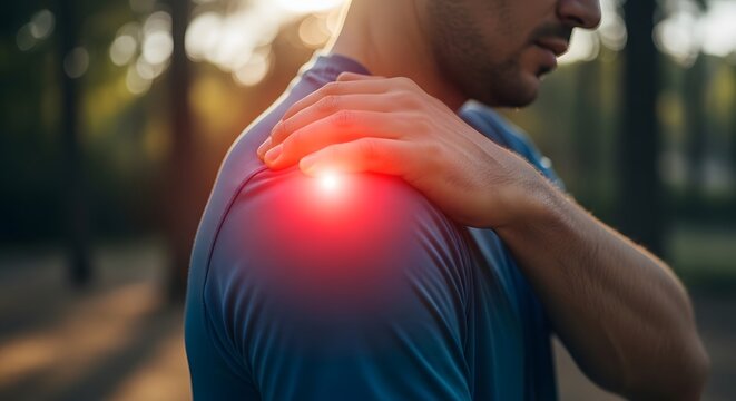 Shoulder dislocation and ligament strain. Pain management and rehabilitative care. Man clutching sore shoulder joint with red inflammation outdoors