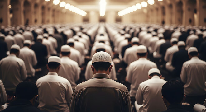 A large group of men in prayer at a mosque