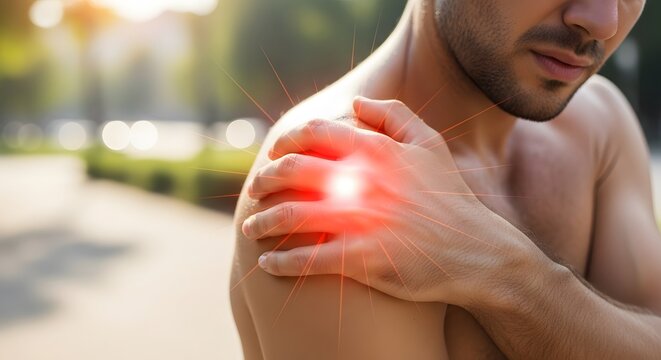 Shoulder pain and rotator cuff injury symptoms. Physical therapy and sports medicine. Man holding painful shoulder joint with red glow effect outdoors