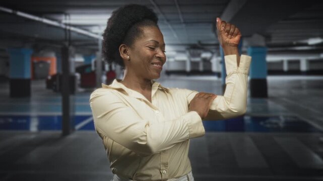 Woman holds upper arm and flexes bicep in an underground parking garage, smiling; strength confidence.
