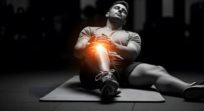 Meniscus tear and knee joint inflammation symptoms. Sports injury recovery and physical rehab. Athlete sitting on floor holding painful knee with red glow