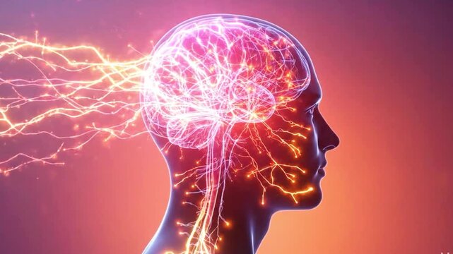 A video showcasing a human brain with glowing neural connections in profile